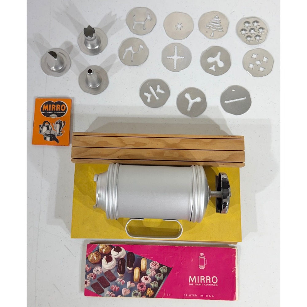 Mirro Cookie Press Pastry Set Silver Aluminum Vintage MCM 12 Discs 3 Tips Baking